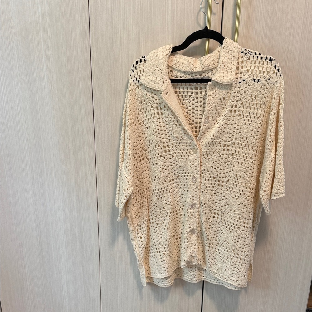 All Saints Open-Knit Button-Front Blouse in Cream